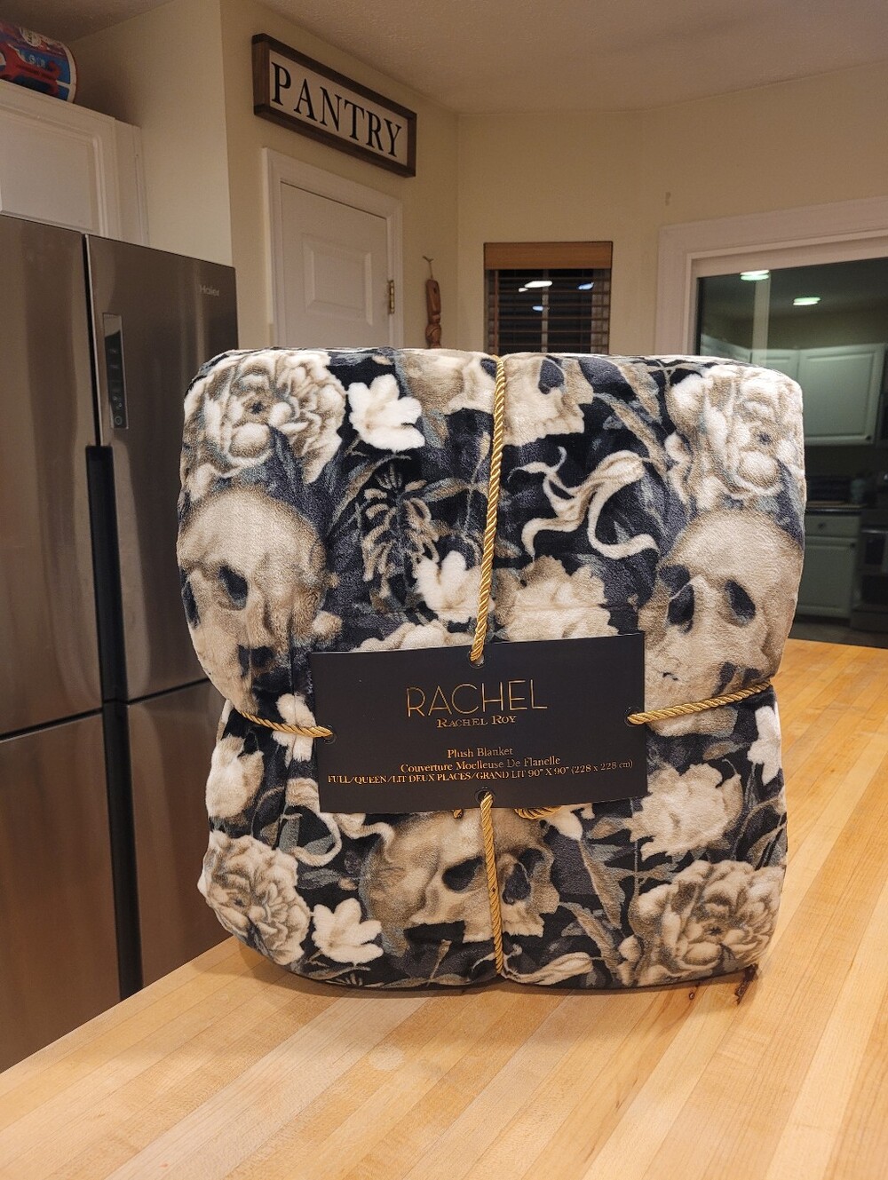 NEW Rachel Roy Floral Skull Plush Full/Queen Blanket - Black Brown and Cream